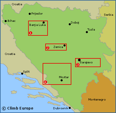 Map showing the main rock climbing areas in Bosnia and Herzegovina