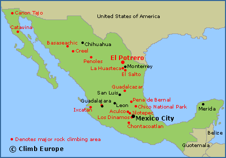 Map of the rock climbing areas in Mexico