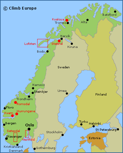 Map of the major rock climbing areas in Norway