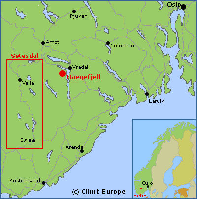 Map of the Setesdal rock climbing area in southern Norway