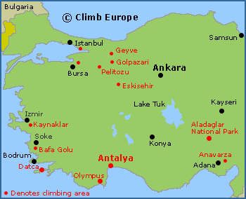 Map of the Rock Climbing Areas in Western Turkey