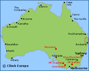 Map of the rock climbing areas in Australia
