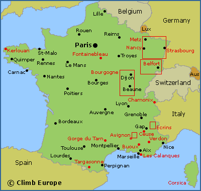 Map of the main rock climbing and bouldering areas in France