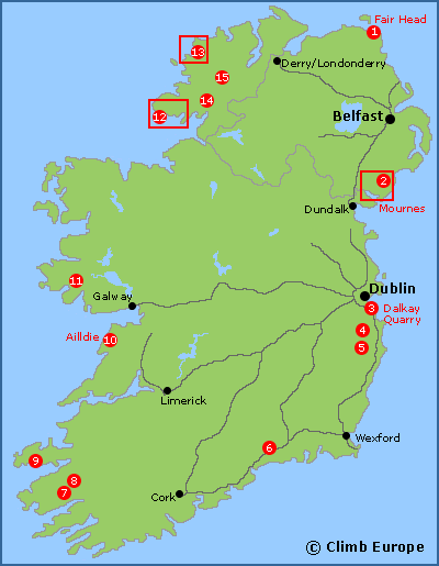 Map of the main rock climbing areas in Ireland