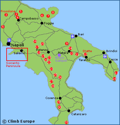 Map of the rock climbing areas in southern tip of Italy