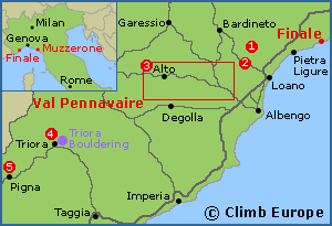Map of the OltreFinale rock climbing areas