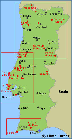 Map of the main rock climbing and bouldering areas in Portugal