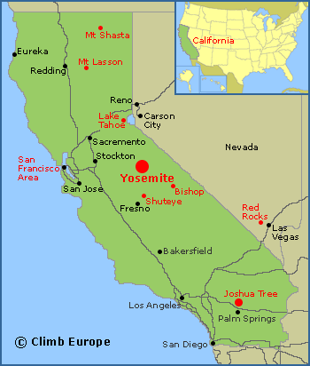 Map of the rock climbing areas in California
